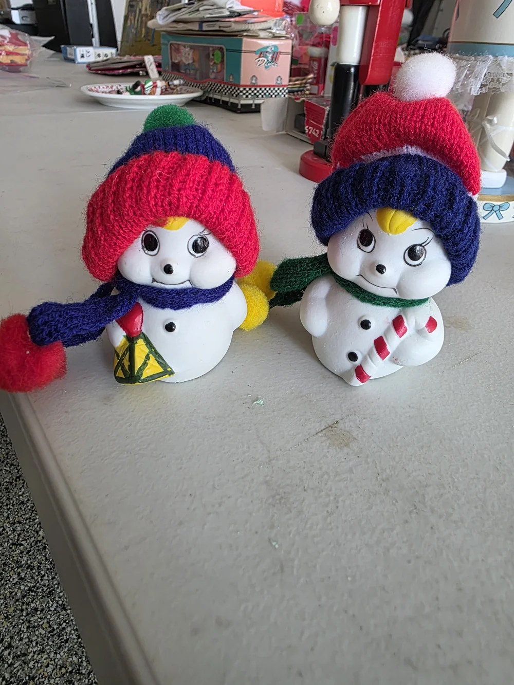 Home Interiors White Snowman Pair with Red and Blue Knit Hats